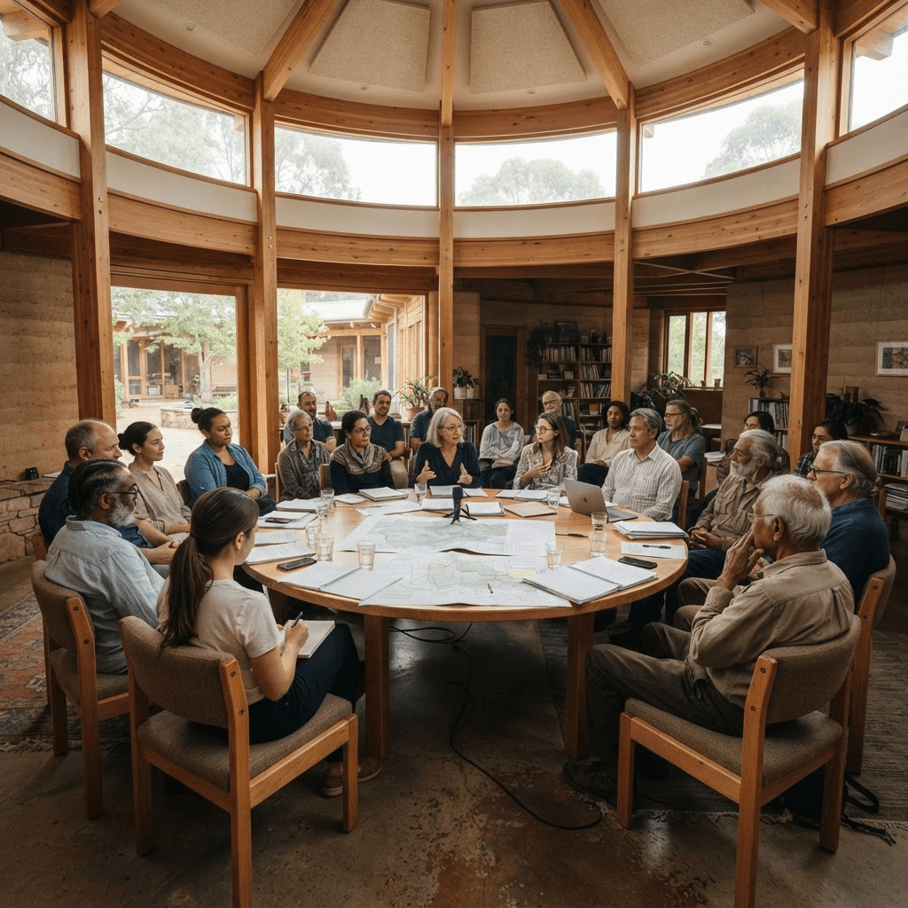Conceptual rendering of a Sanctum community governance council — diverse residents in respectful dialogue