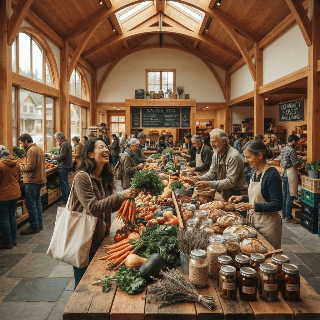 Conceptual rendering of a shared Sanctum community kitchen and dining hall