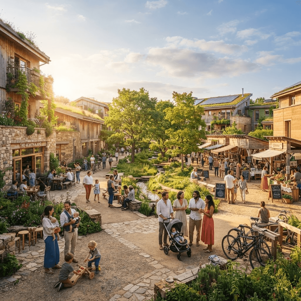 Conceptual rendering of a Sanctum Village central commons — diverse families and residents gathered naturally