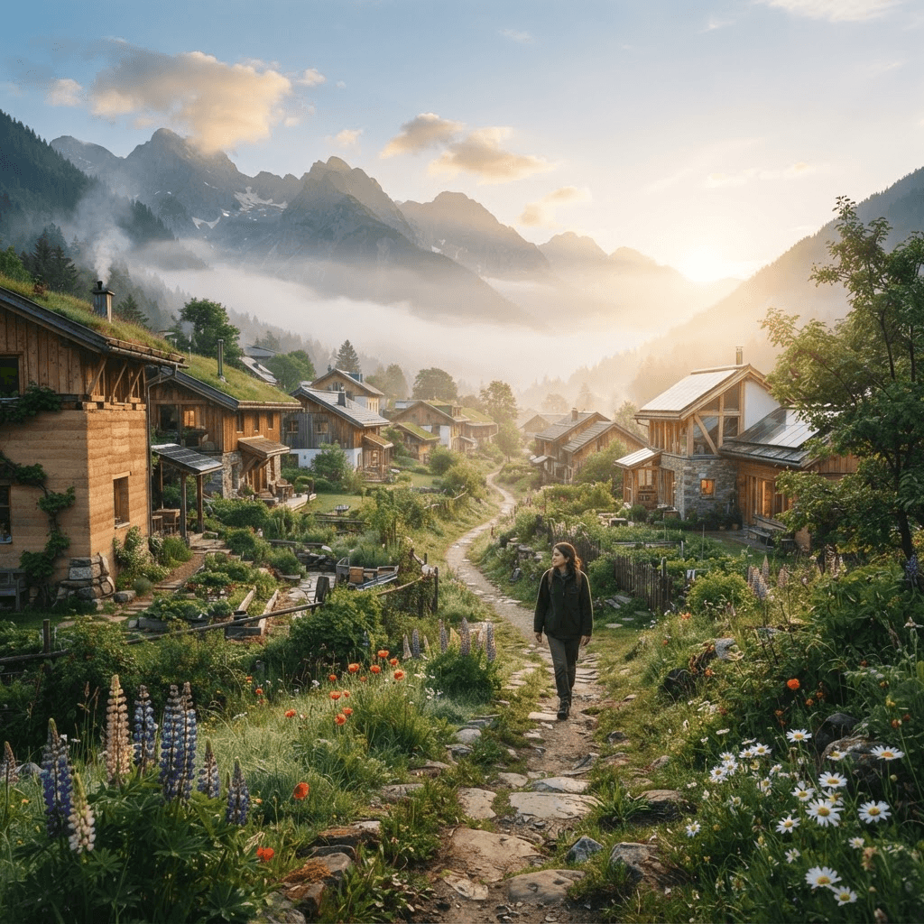 Conceptual rendering of an early morning Sanctum Village scene representing inheritance, continuity and hope